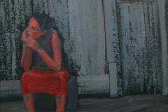 Sitting in a red skirt.  Wood, acrylic. 60 x 60 cm.  2014