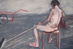 Model with broom and trolley.  Wood, acrylic. 40 x 50 cm.  2011