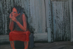 Die sitzende im roten Rock.  Holz, Acryl. 60 x 60 cm.  2014