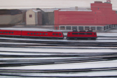 Eisenbahn mit rotem Zug.  Leinwand, Acryl. 60 x 120 cm.  2012