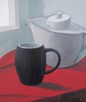 Stilleben. Weiß, schwarz, rot. Holz, Acryl. 50 x 50 cm.  2013