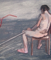 Akt mit Besen und Wagen.  Holz, Acryl. 40 x 50 cm.  2011
