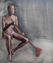Akt mit Besen.  Holz, Acryl. 40 x 50 cm.  2011
