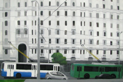 Троллейбусы на Каланчевской улице. Картон, гуашь, мат.лак. 66 х 70 см. Москва 2007