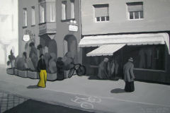 Человек в желтых брюках на Wilhelm-Späth Straße. Картон, гуашь, мат.лак. 60 х 80 см. 2008  Частная коллекция.