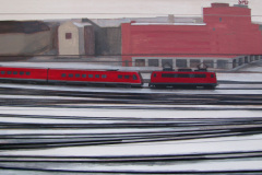 Eisenbahn mit rotem Zug. Leinwand, Acryl. 60 x 120 cm. 2012