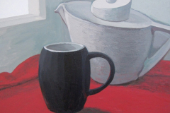 Stilleben. Weiß, schwarz, rot. Holz, Acryl. 50 x 50 cm.  2013