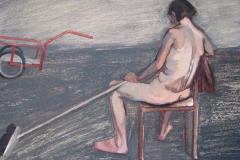 Akt mit Besen und Wagen.  Holz, Acryl. 40 x 50 cm.  2011
