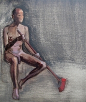 Sitter with a broom.  Wood, acrylic. 40 x 50 cm.  2011