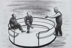 Debatte über Politik. Papier, schwarze Sauce. 2020