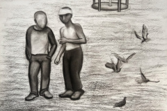 Samstagabendblues. Papier, schwarze Sauce. 2019