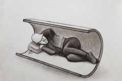 Schlafender in einem Helm. Papier, schwarze Sauce. 2020