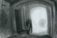 In dunkler Gasse. Papier, schwarze Sauce. 2018