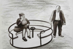 Im Hof. Papier, schwarze Kreide. 2019