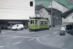 Старый трамвай на улице города. Картон, гуашь, мат.лак. 50 х 100 см. 2009