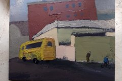 Улица с желтым автобусом. Холст, масло.  24 х 30 см. 2019   Частная коллекция